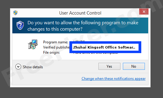 Screenshot where Zhuhai Kingsoft Office Software Co., Ltd. appears as the verified publisher in the UAC dialog